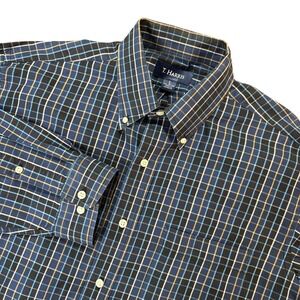 T HARRIS Mens Large Blue Plaid Long Sleeve Button Down Cotton Shirt Classic